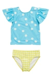 Harper Canyon Kids' Patterned 2-piece Rashguard Swimsuit In Blue River Daisy- Gingham