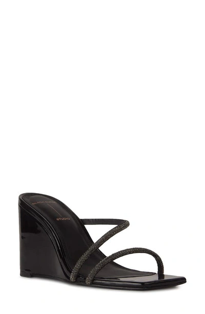 Black Suede Studio Olivia Crystal Wedge Slide Sandals In Black Patent