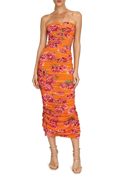 Sau Lee Farrah Strapless Ruched Midi Dress In Orange Pink