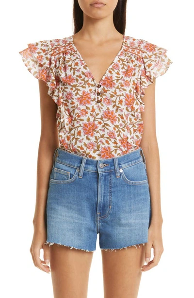 Veronica Beard Joi Floral Block-print Top In Off White Multi
