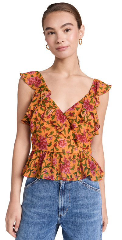 Veronica Beard Randa Floral-silk Top In Hot Orange Multi