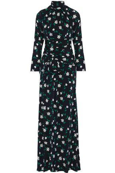 Carolina Herrera Woman Open-back Floral-print Ruched Silk-crepe De Chine Gown Black