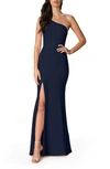 Dress The Population Amy One-shoulder Crepe Gown In Midnight Blue