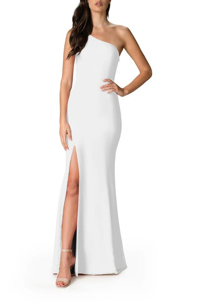 Dress The Population Amy One-shoulder Crepe Gown In Off White