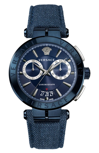 Versace Aion Chronograph Leather Strap Watch, 45mm In Blue