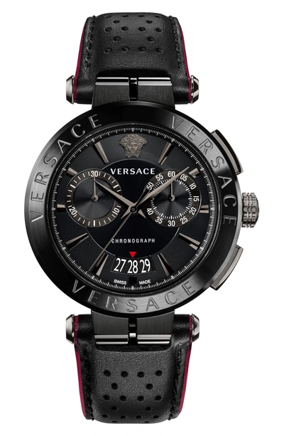 Versace Aion Chronograph Leather Strap Watch, 45mm In Black