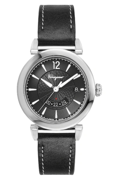 Ferragamo Men's Feroni Leather Watch, Black In Black/ Silver