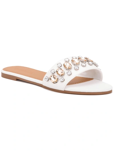 Olivia Miller Elsa Womens Faux Leather Rhinestone Slide Sandals In White