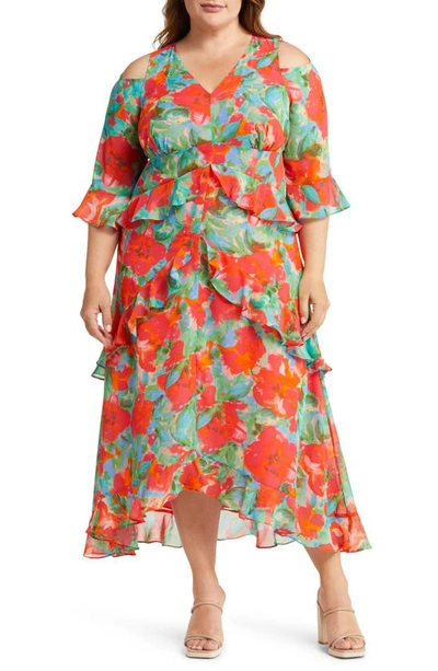 Tahari Plus Size Floral Chiffon Cold-shoulder Midi Dress In Metallic Coral