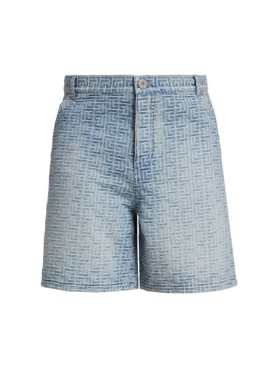Balmain Shorts In Denim Con Monogramma In Bleu Jean