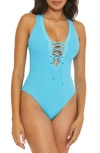 Becca Modern Edge Plunge Lace-up Ribbed One-piece Swimsuit In Crystal Seas