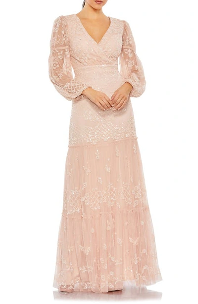 Mac Duggal Sequin Long Sleeve Gown In Blush