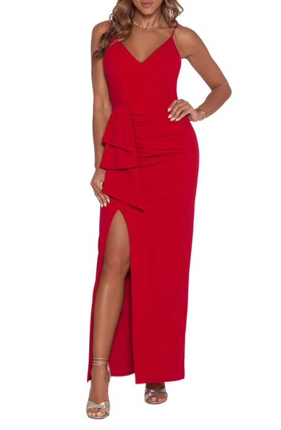 Xscape Evenings Spaghetti Strap Scuba Crepe Fit & Flare Dress In Red