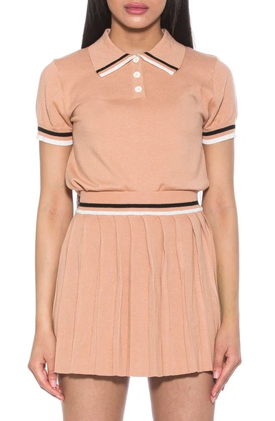 Alexia Admor Lena Stripe Short Sleeve Polo Sweater In Almond