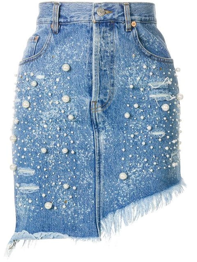 Forte Couture Pearl Embellished Denim Skirt ModeSens