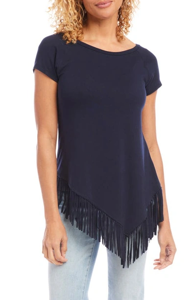 Karen Kane Asymmetric Fringe Jersey Top In Navy