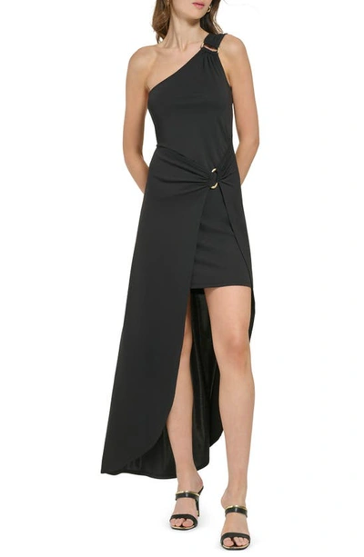 dkny one shoulder dress Dkny Women's One-shoulder Side-slit Ruffle Gown In Black