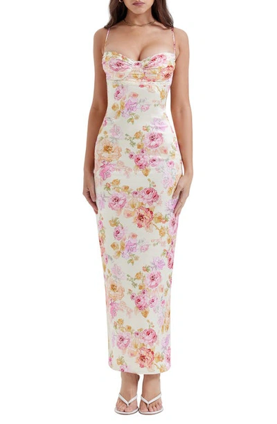 House Of Cb Josefina Floral Bustier Bodice Stretch Satin Body-con Dress In Ivory Floral