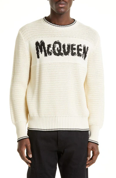 Alexander Mcqueen Graffiti Logo-intarsia Organic-cotton Sweater In White