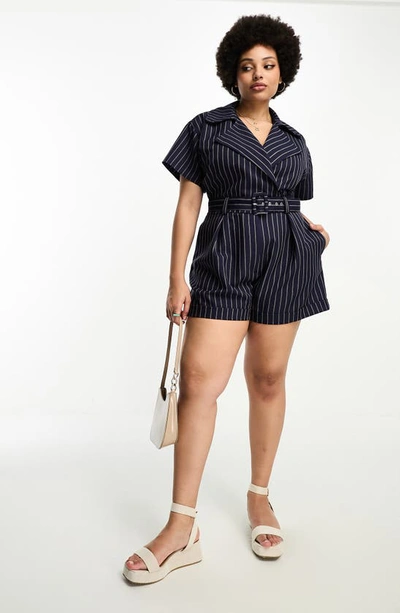 Asos Design Tailored Short Sleeve Belted Romper In Pinstripe-navy