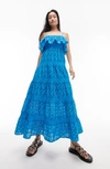 Topshop Strappy Eyelet Maxi Dress With Frill Neck In Blue