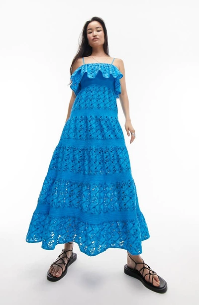 Topshop Strappy Eyelet Maxi Dress With Frill Neck In Blue