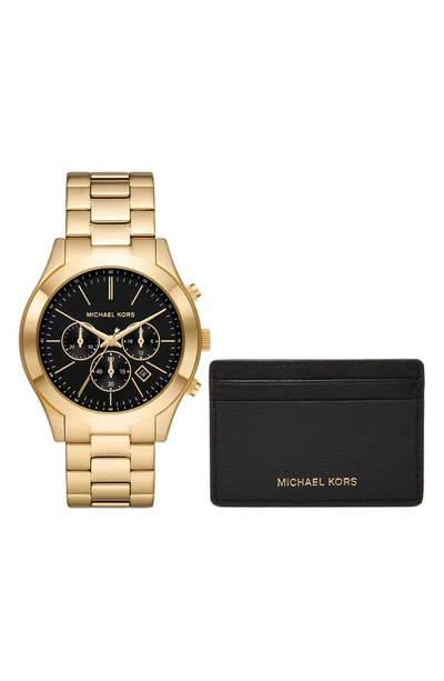 Michael Kors Men's Slim Runway Quartz Chronograph Gold-tone Stainless Steel Watch 44mm And Slim Card Case Set In Black / Gold / Gold Tone