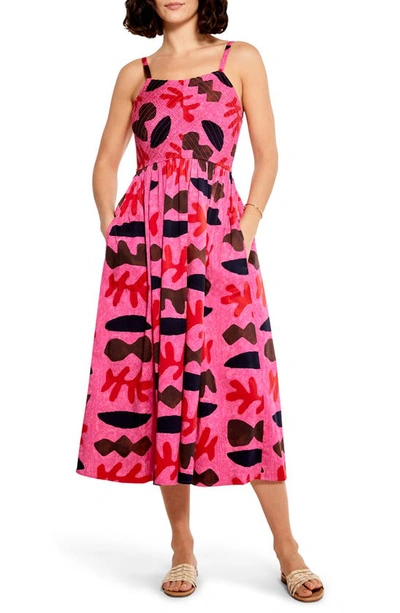 Nic + Zoe Petite Cutout Crush Printed Smocked Midi Dress In Pink Multi