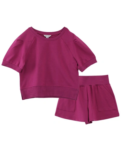 Habitual Kid's Short Sleeve Sweatshirt & Tie Front Shorts Set In Dark Pink