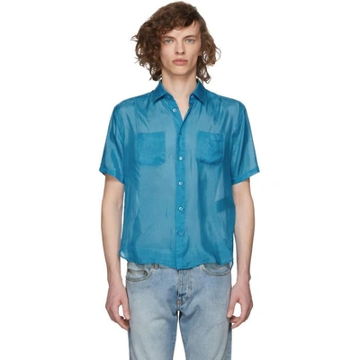 Saint Laurent Blue Short Sleeve Silk Shirt In 4905 Blue