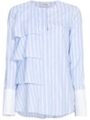 Monographie Ruffle Stripe Long Sleeve Shirt In Blue