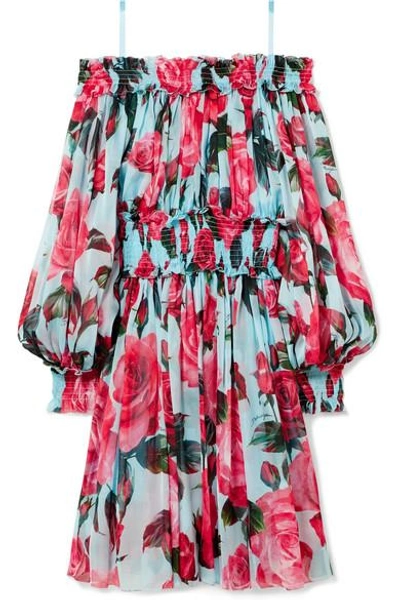 Dolce & Gabbana Cold-shoulder Floral-print Silk-chiffon Dress In Azure