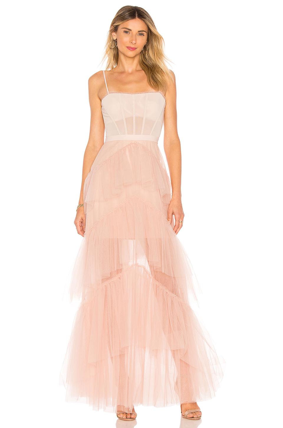 bcbgmaxazria layered tulle & mesh sleeveless corset gown