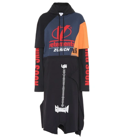 Vetements Patchwork Printed Cotton-jersey Hooded Dress In Slate Blue