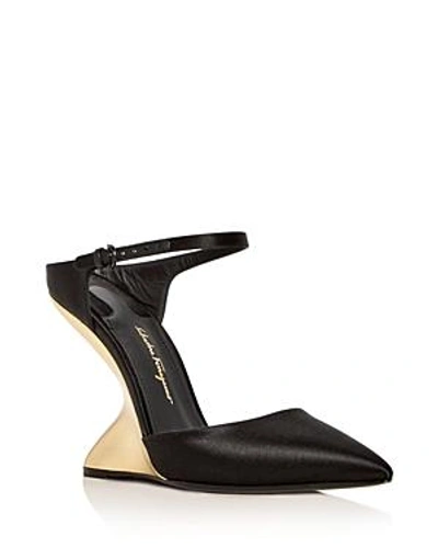 Ferragamo Women's Naturno Satin F-wedge Pumps In Nero