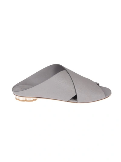 Ferragamo Crossed Strap Sliders In Pale Gray