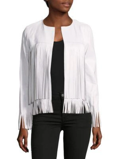 Theperfext April Solid Fringed Leather Jacket In White