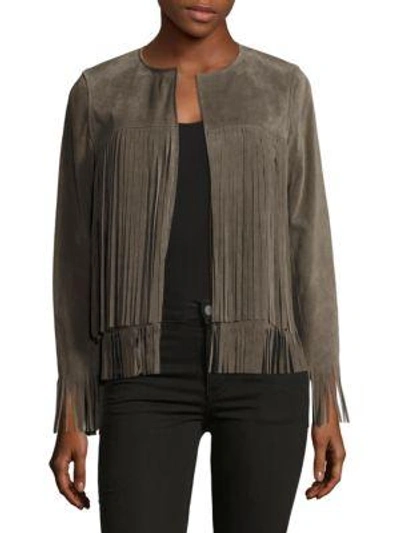 Theperfext April Solid Fringed Leather Jacket In Grey