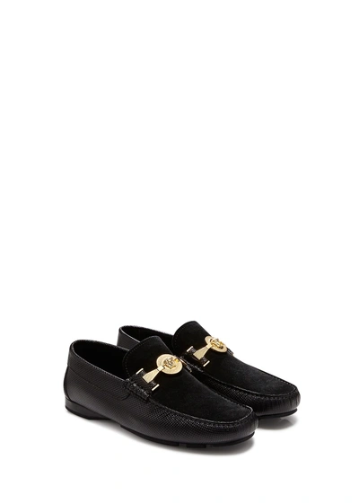 Versace Suede Stamped Vitello Car Shoe In Black + Gold | ModeSens