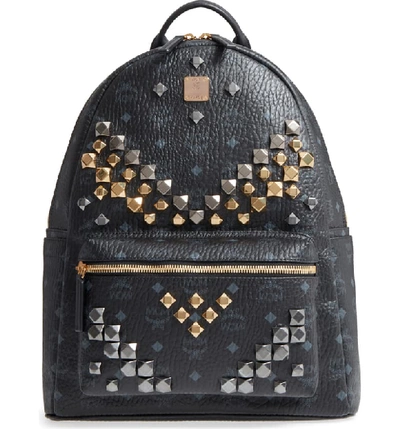 Mcm Medium Stark - Visetos Studded Logo Backpack - Black In Black/gold/gunmetal