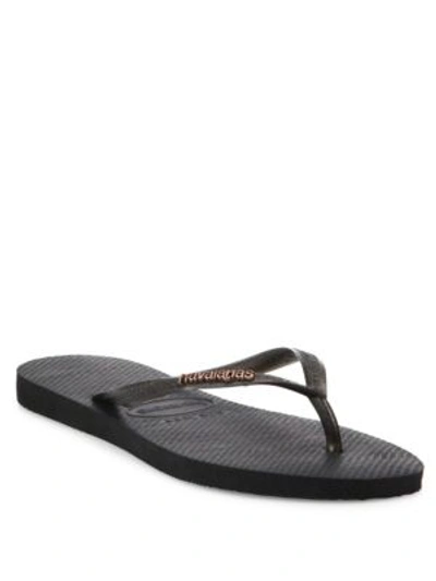 Havaianas Women's Slim Logo Metallic Sandals In Black Gold