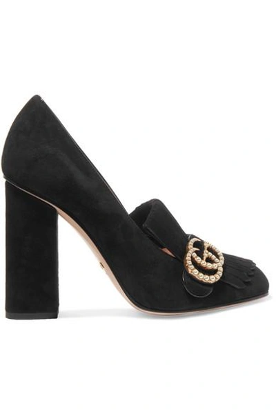 Gucci Marmont Fringed Logo And Faux Pearl-embellished Suede Pumps In Black