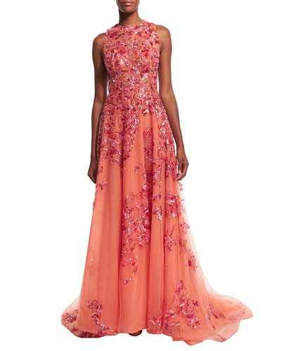 Zuhair Murad Sleeveless Embellished Gown, Coral In Corall | ModeSens