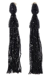 Oscar De La Renta Beaded Long Tassel Clip Earrings In Black