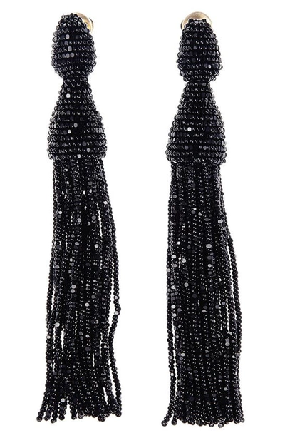 Oscar De La Renta Beaded Long Tassel Clip Earrings In Black