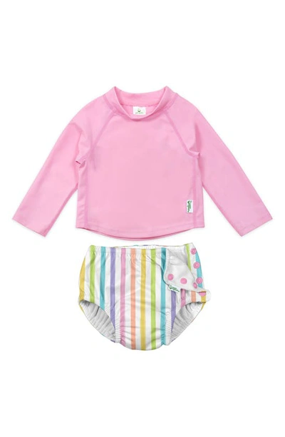 Green Sprouts Babies' Long Sleeve Rashguard & Reusable Swim Diaper Set In Pink/ Rainbow Stripe