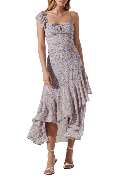 Astr Camelia Layered Ruffle Midi Dress In Purple White Ditsy