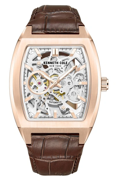 Kenneth Cole Men's Automatic Rose-goldtone Stainless Steel & Leather Skeleton Watch/40mm X 52.5mm In Rose Gold