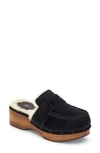 Frye Melody Genuine Shearling Lined Platform Clog In Black - Silky Suede Leather