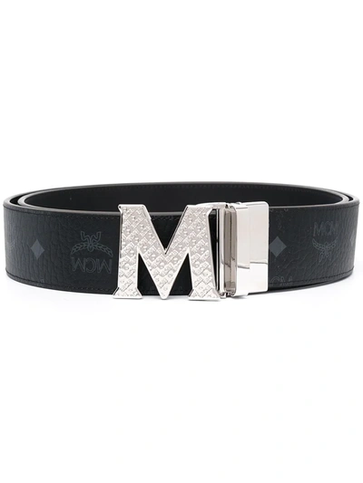 Shop MCM Claus M Reversible Belt in Black Logo Visetos